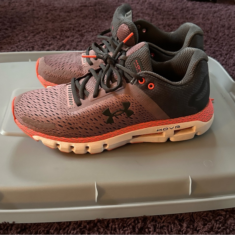 Under Armour grey and purple with bright pink accents ,Ignite  Hovr running shoe